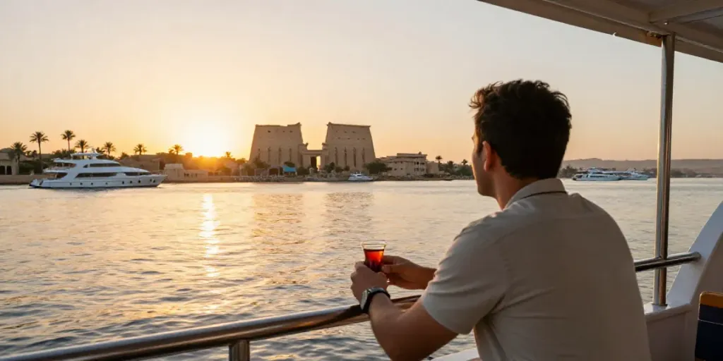 Lake Nasser Cruise at sunset with traveler on luxury ship enjoying scenic views.